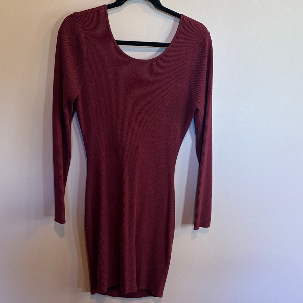 SHEIN Wine Long Sleeve Open Back Dress with Tie